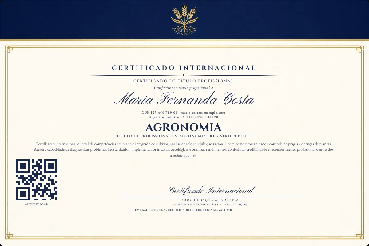 Certificado de Título profissional de Agronomia — modelo real com registro público. Documento de exemplo.