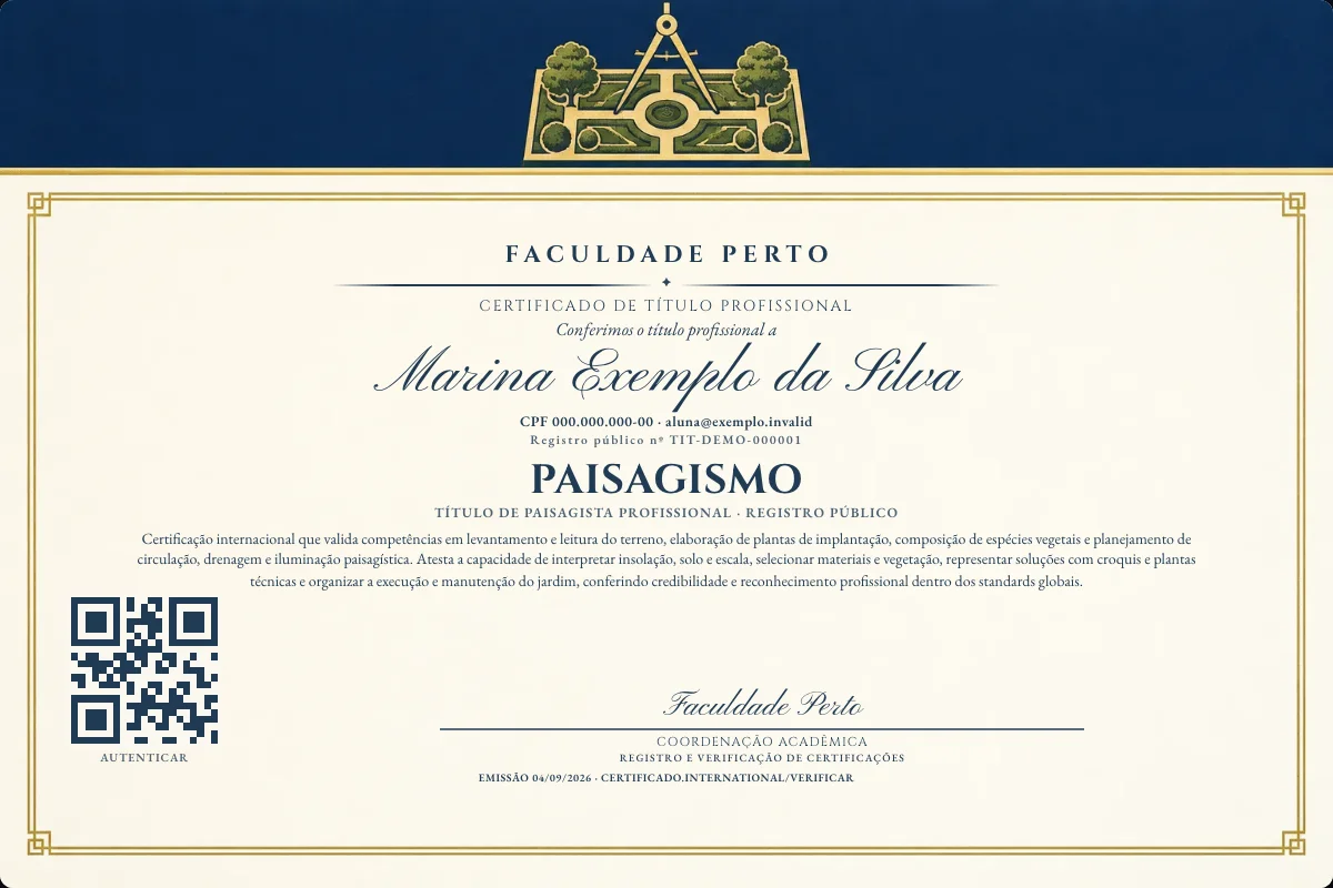 Certificado de Título profissional de Paisagismo — modelo real com registro público. Documento de exemplo.