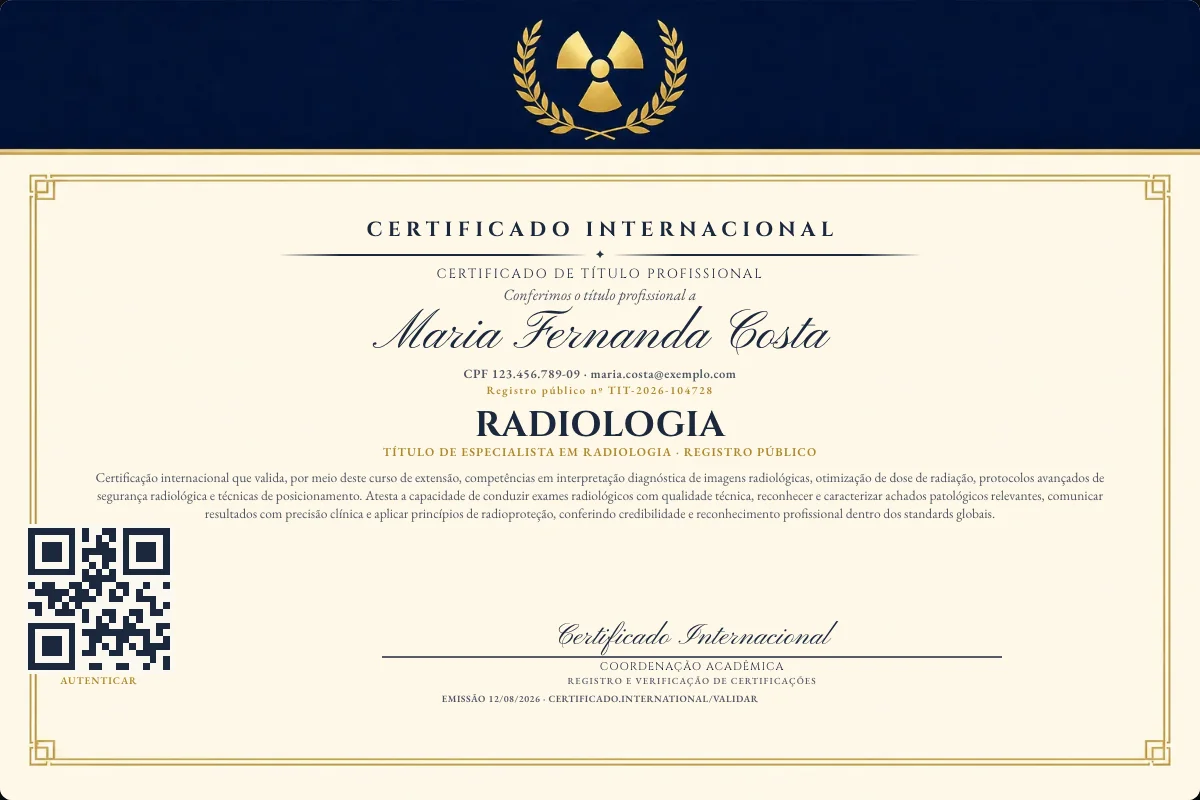 Certificado de Título profissional de Radiologia — modelo real com registro público. Documento de exemplo.