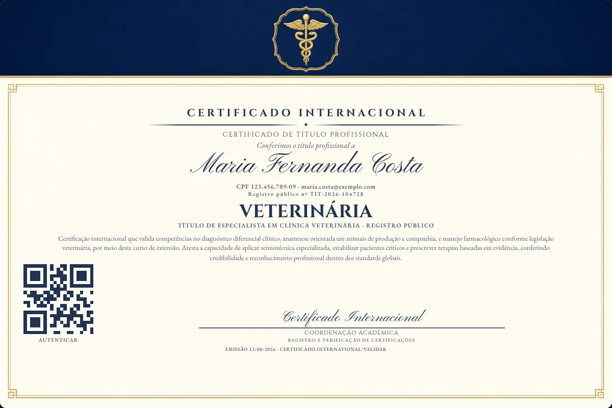 Certificado de Título profissional de Veterinária — modelo real com registro público. Documento de exemplo.