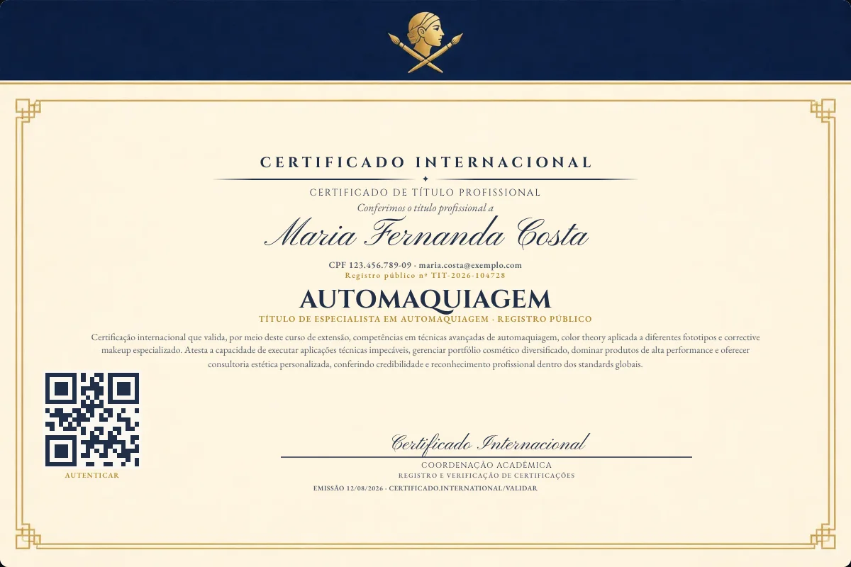 Certificado de Título profissional de Automaquiagem — modelo real com registro público. Documento de exemplo.