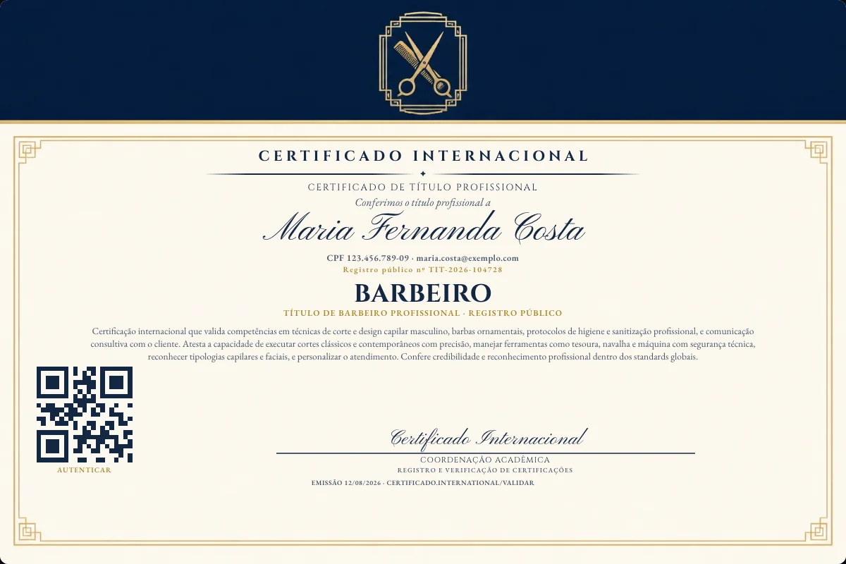 Certificado de Título profissional de Barbeiro — modelo real com registro público. Documento de exemplo.