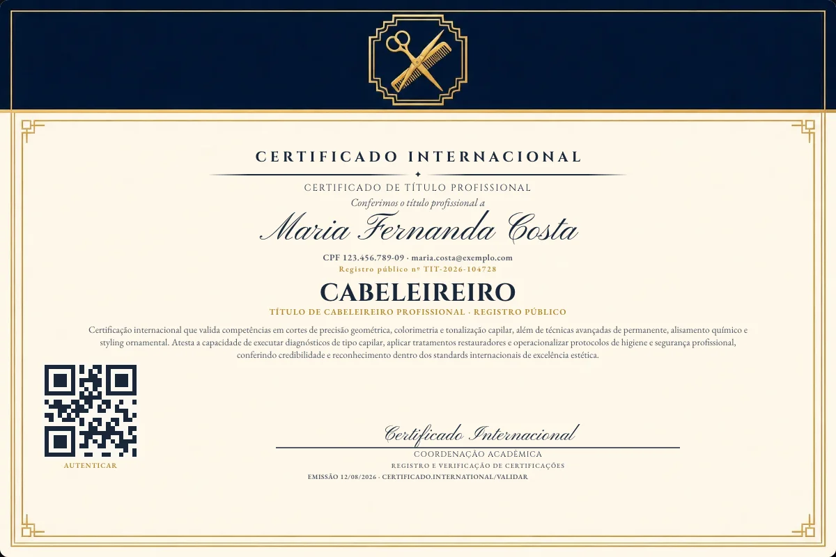 Certificado de Título profissional de Cabeleireiro — modelo real com registro público. Documento de exemplo.