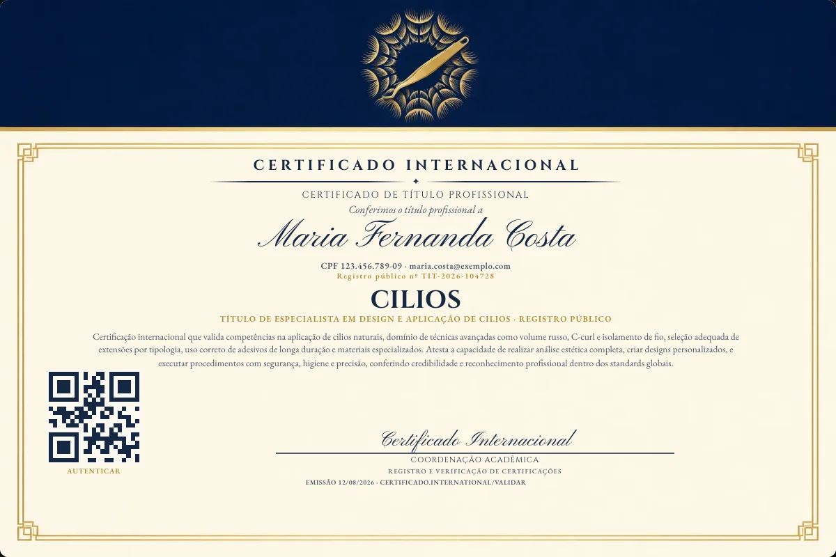 Certificado de Título profissional de Cilios — modelo real com registro público. Documento de exemplo.