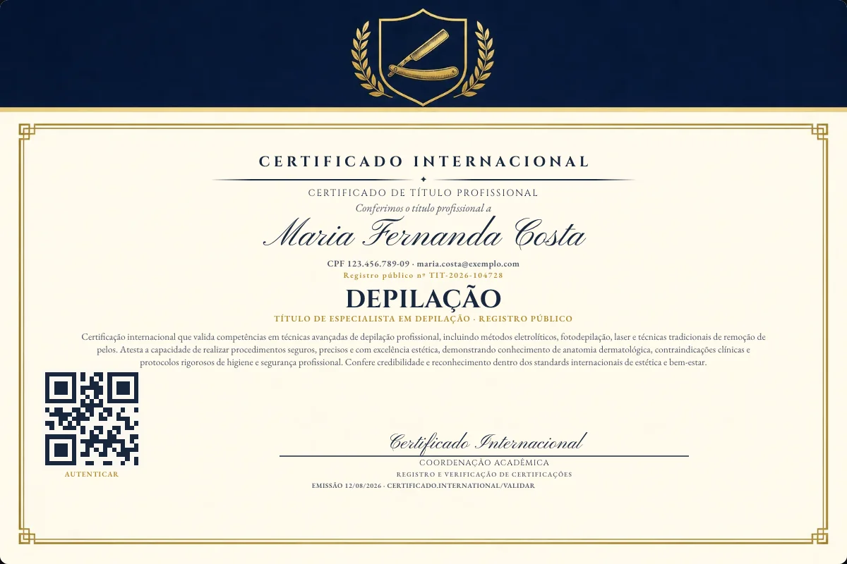 Certificado de Título profissional de Depilação — modelo real com registro público. Documento de exemplo.