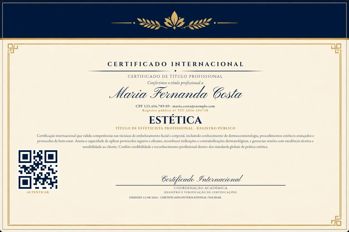 Certificado de Título profissional de Estética — modelo real com registro público. Documento de exemplo.