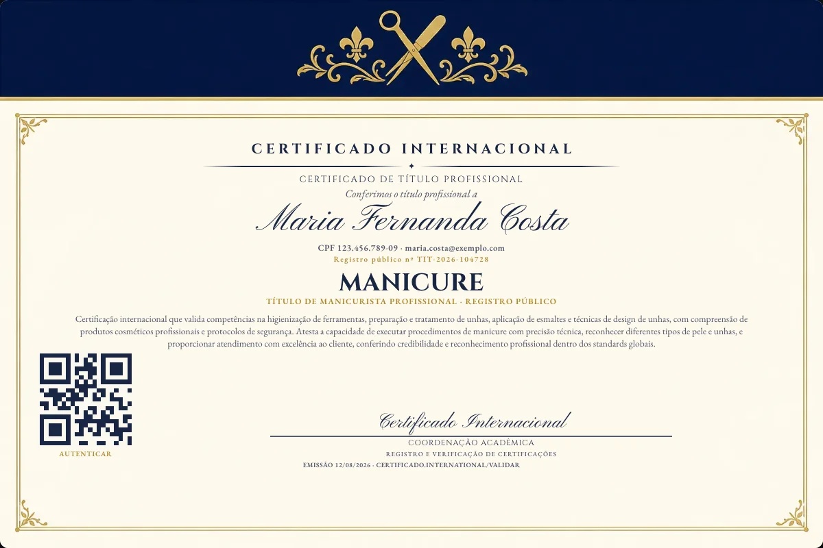 Certificado de Título profissional de Manicure — modelo real com registro público. Documento de exemplo.
