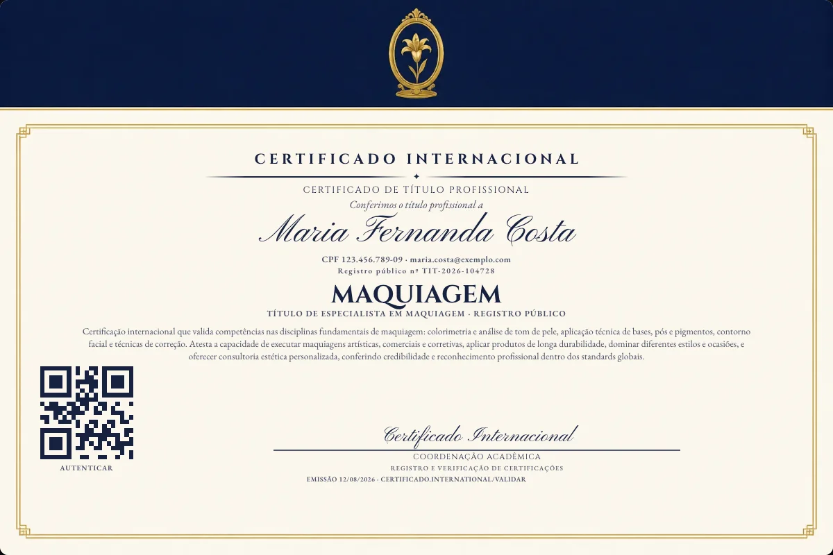 Certificado de Título profissional de Maquiagem — modelo real com registro público. Documento de exemplo.