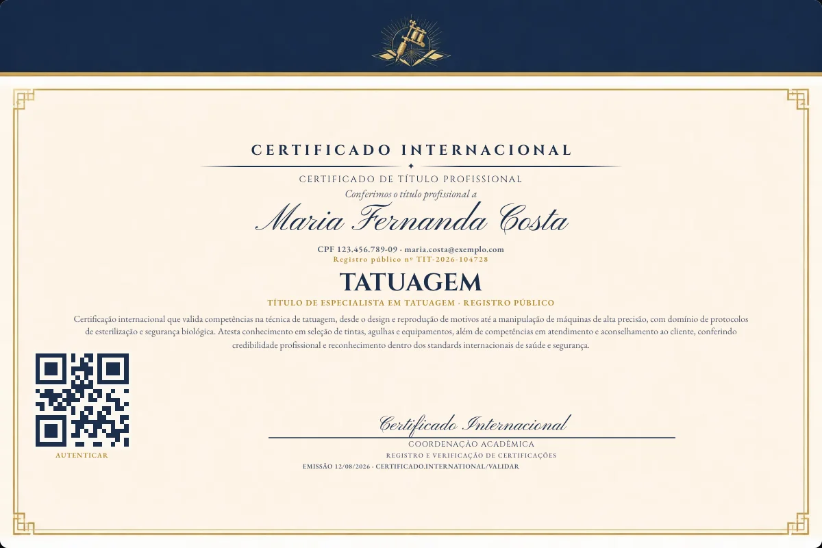 Certificado de Título profissional de Tatuagem — modelo real com registro público. Documento de exemplo.