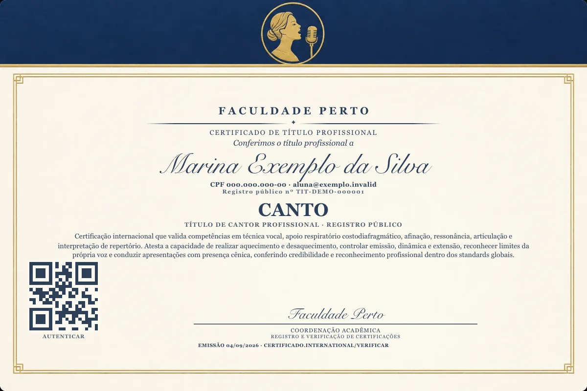Certificado de Título profissional de Canto — modelo real com registro público. Documento de exemplo.