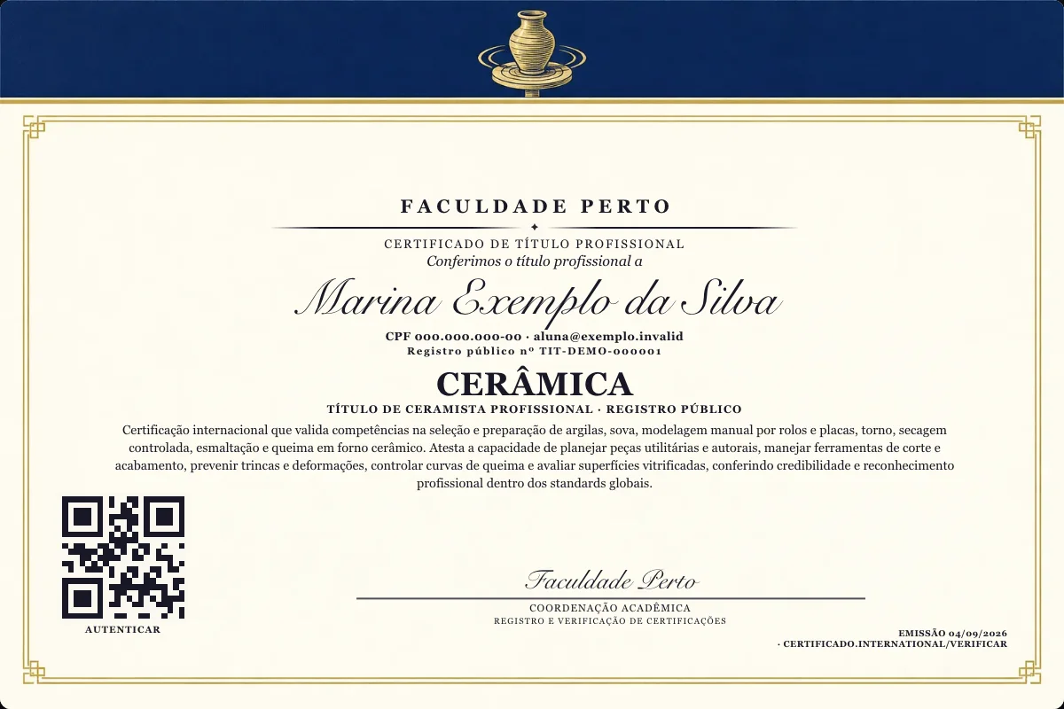 Certificado de Título profissional de Cerâmica — modelo real com registro público. Documento de exemplo.