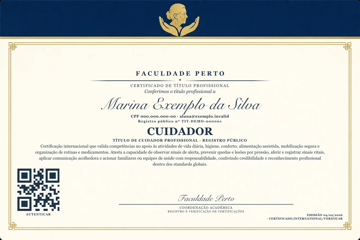 Certificado de Título profissional de Cuidador — modelo real com registro público. Documento de exemplo.