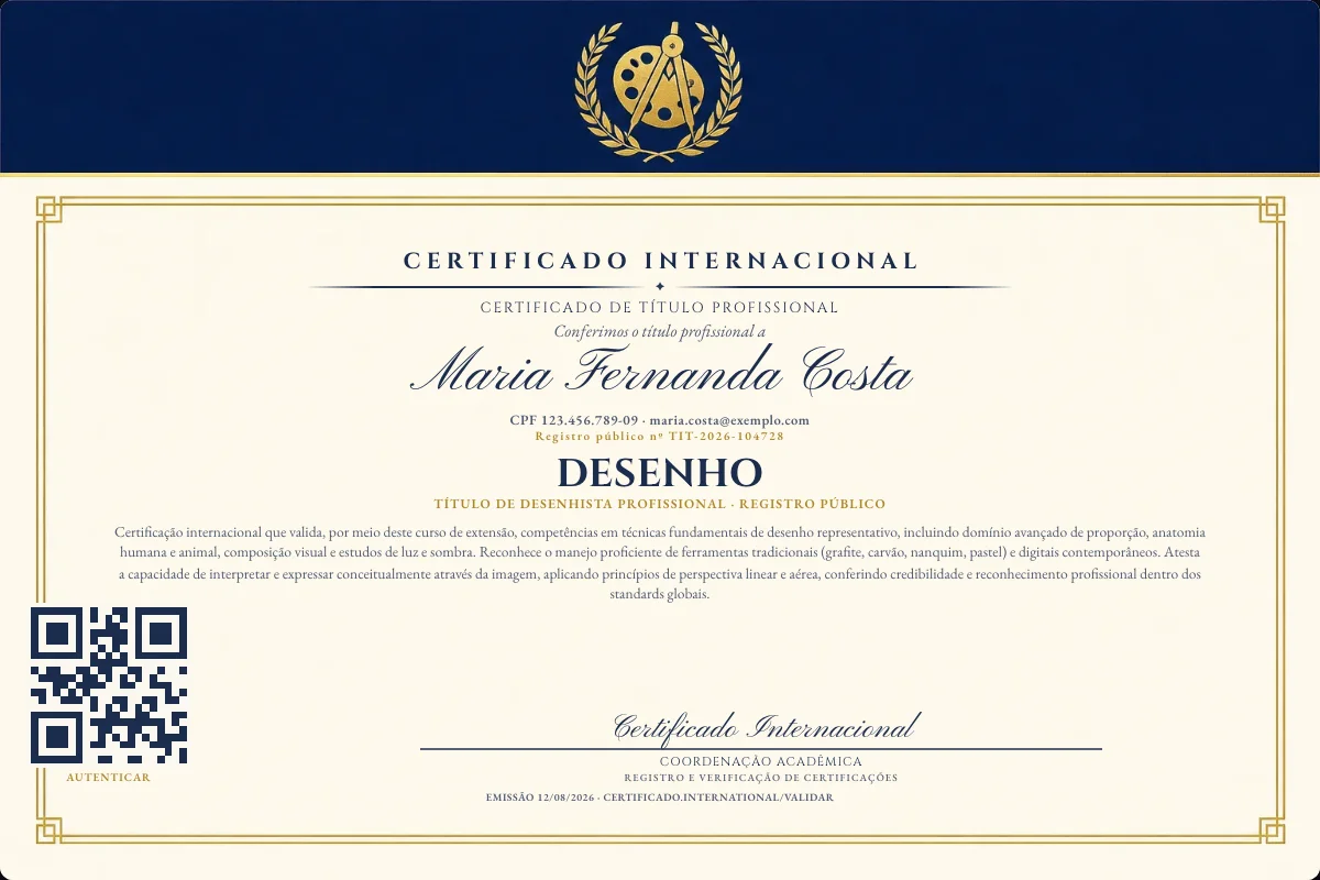 Certificado de Título profissional de Desenho — modelo real com registro público. Documento de exemplo.