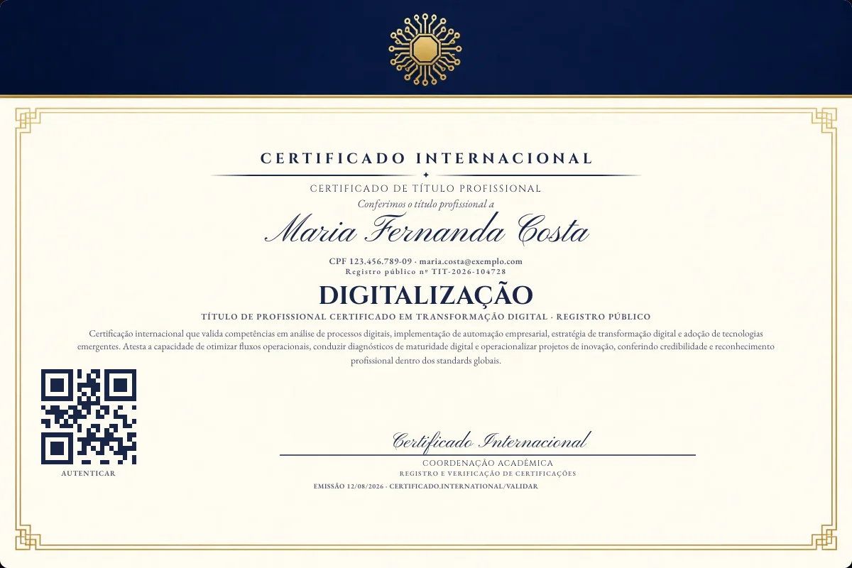 Certificado de Título profissional de Digitalização — modelo real com registro público. Documento de exemplo.