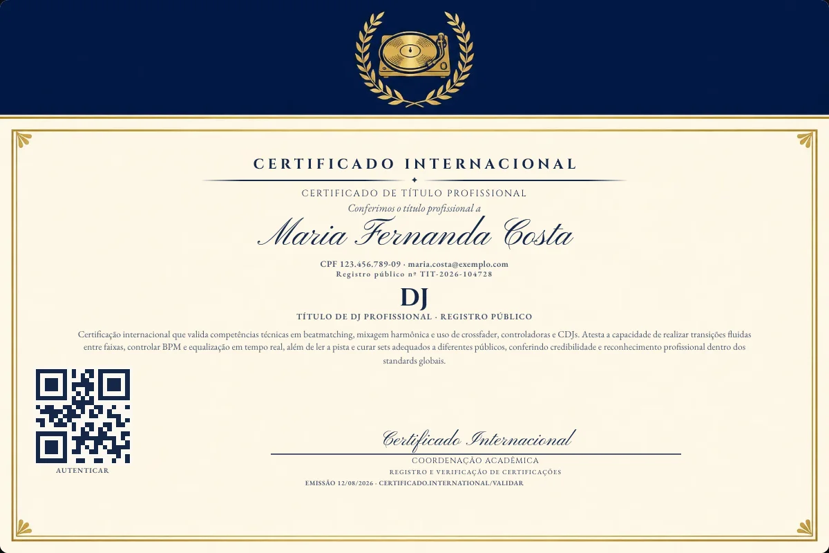 Certificado de Título profissional de Dj — modelo real com registro público. Documento de exemplo.