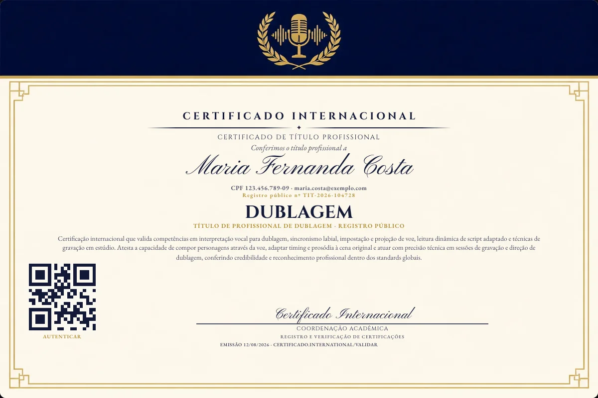 Certificado de Título profissional de Dublagem — modelo real com registro público. Documento de exemplo.