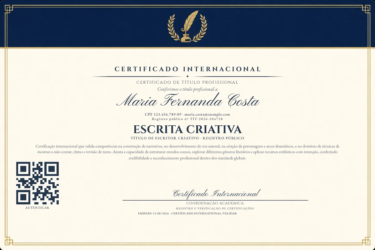 Certificado de Título profissional de Escrita Criativa — modelo real com registro público. Documento de exemplo.