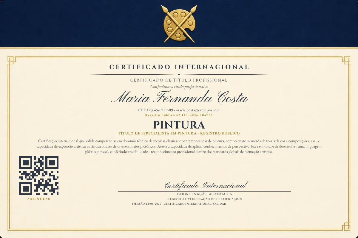 Certificado de Título profissional de Pintura — modelo real com registro público. Documento de exemplo.