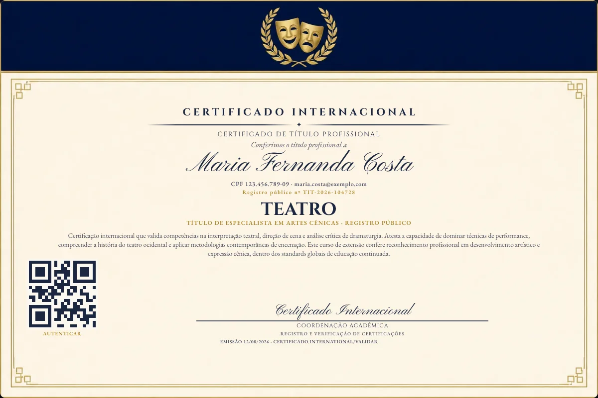 Certificado de Título profissional de Teatro — modelo real com registro público. Documento de exemplo.