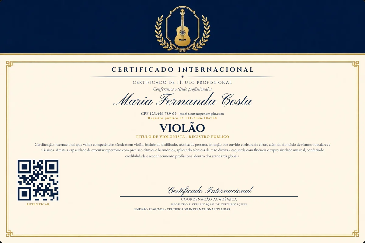 Certificado de Título profissional de Violão — modelo real com registro público. Documento de exemplo.