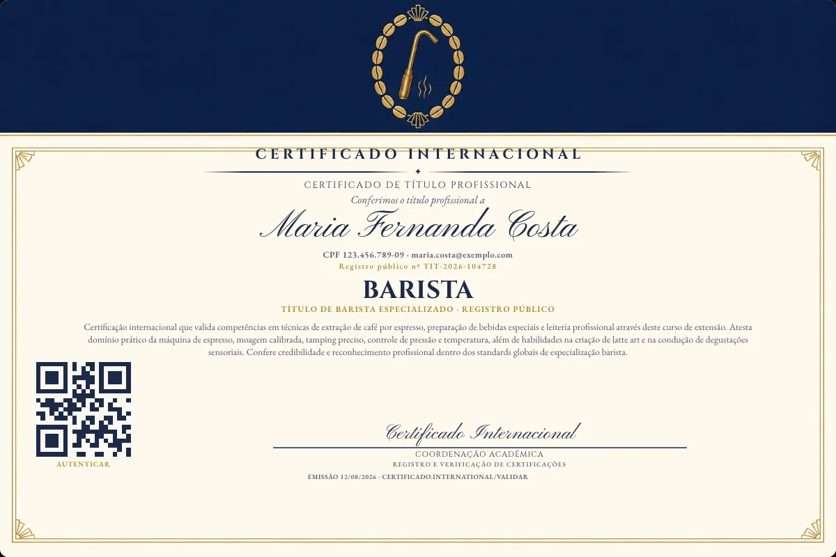 Certificado de Título profissional de Barista — modelo real com registro público. Documento de exemplo.