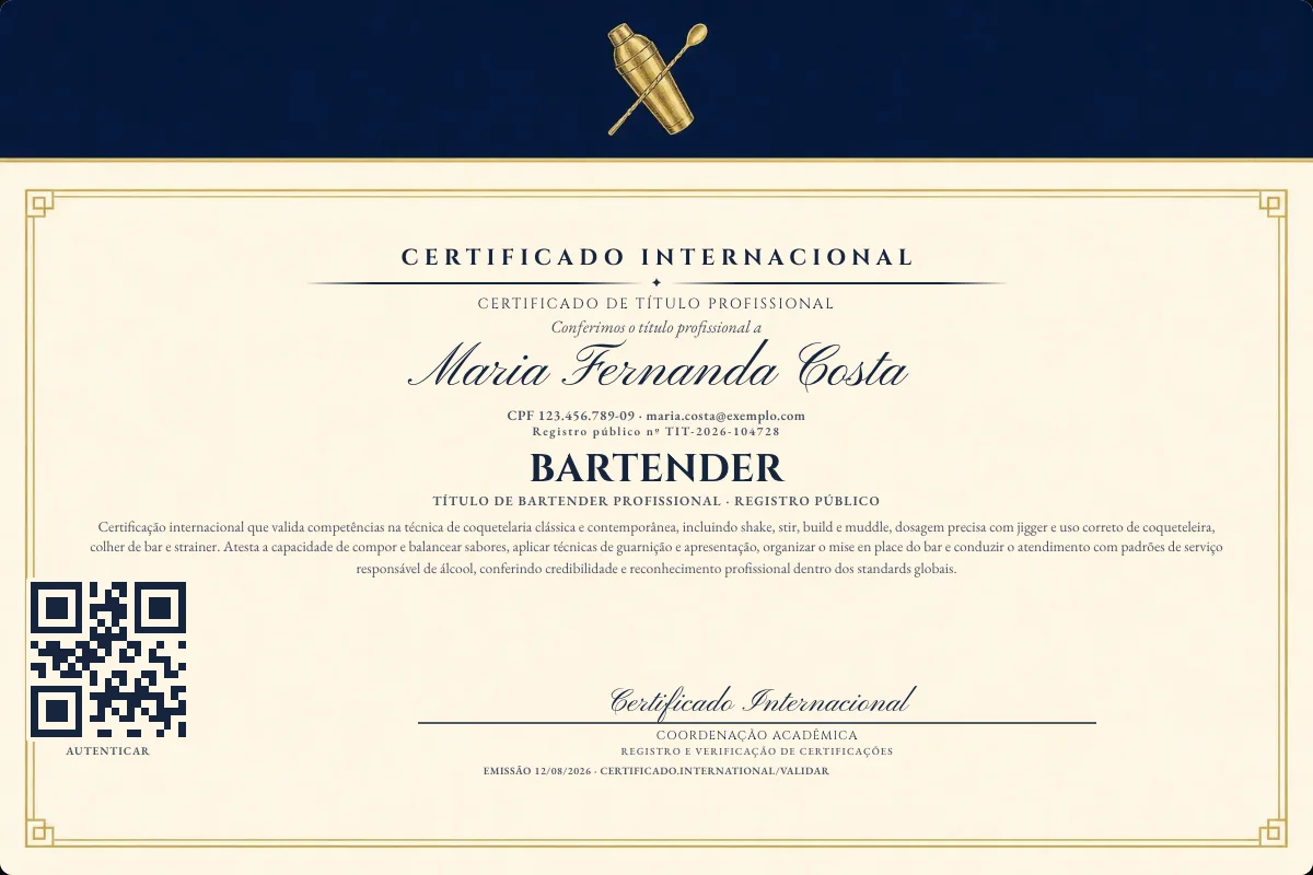 Certificado de Título profissional de Bartender — modelo real com registro público. Documento de exemplo.