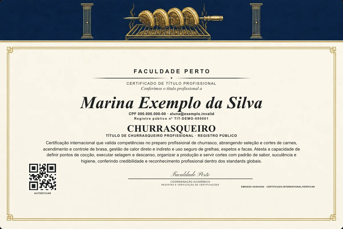 Certificado de Título profissional de Churrasqueiro — modelo real com registro público. Documento de exemplo.