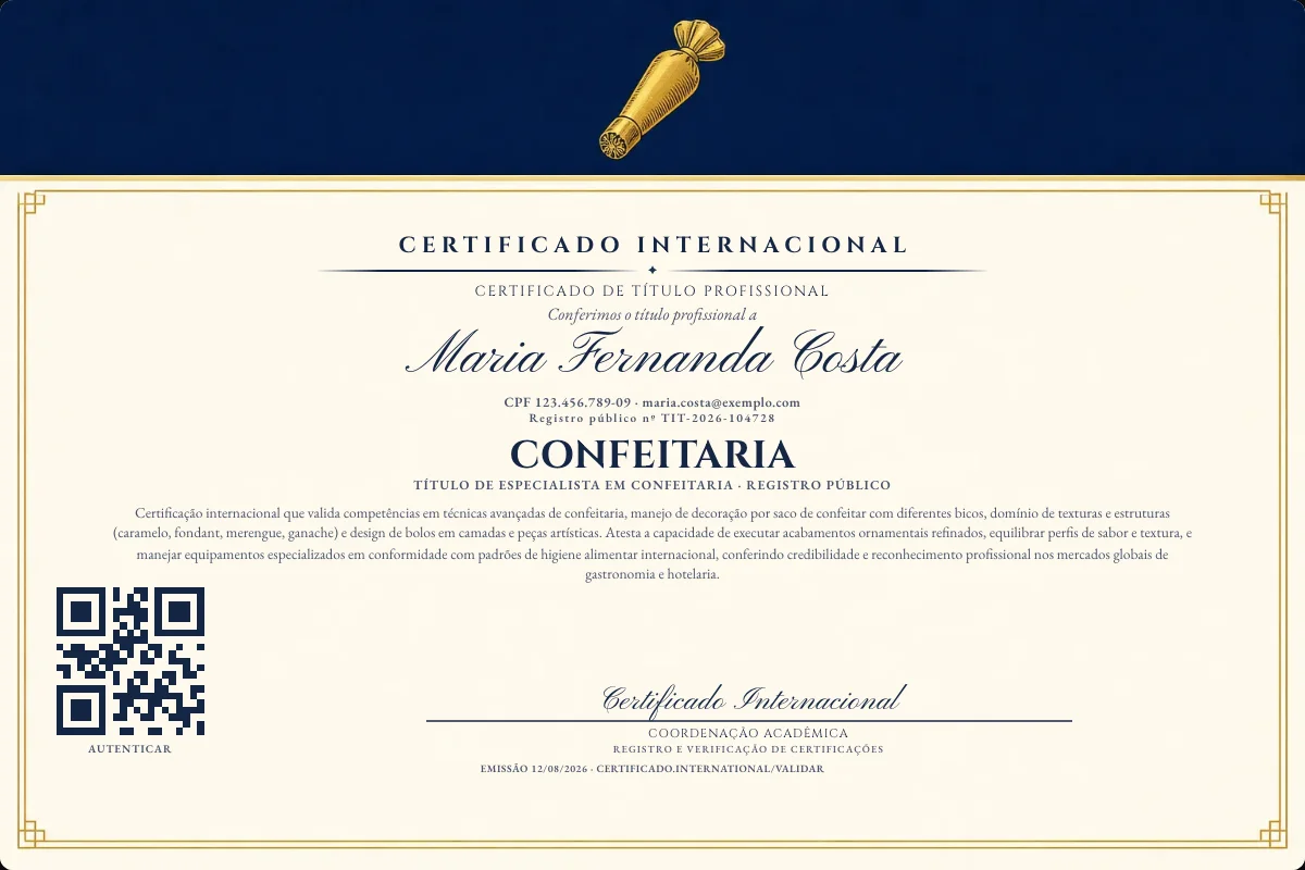 Certificado de Título profissional de Confeitaria — modelo real com registro público. Documento de exemplo.