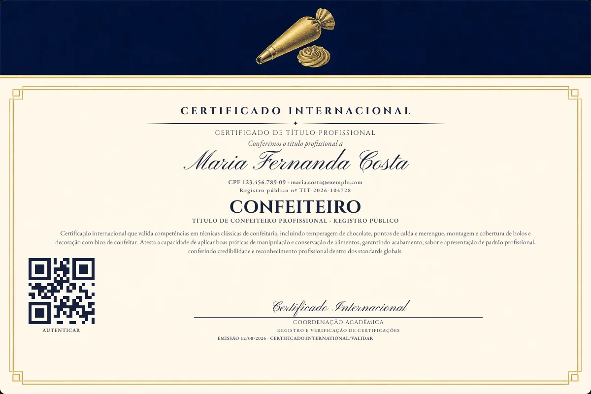 Certificado de Título profissional de Confeiteiro — modelo real com registro público. Documento de exemplo.