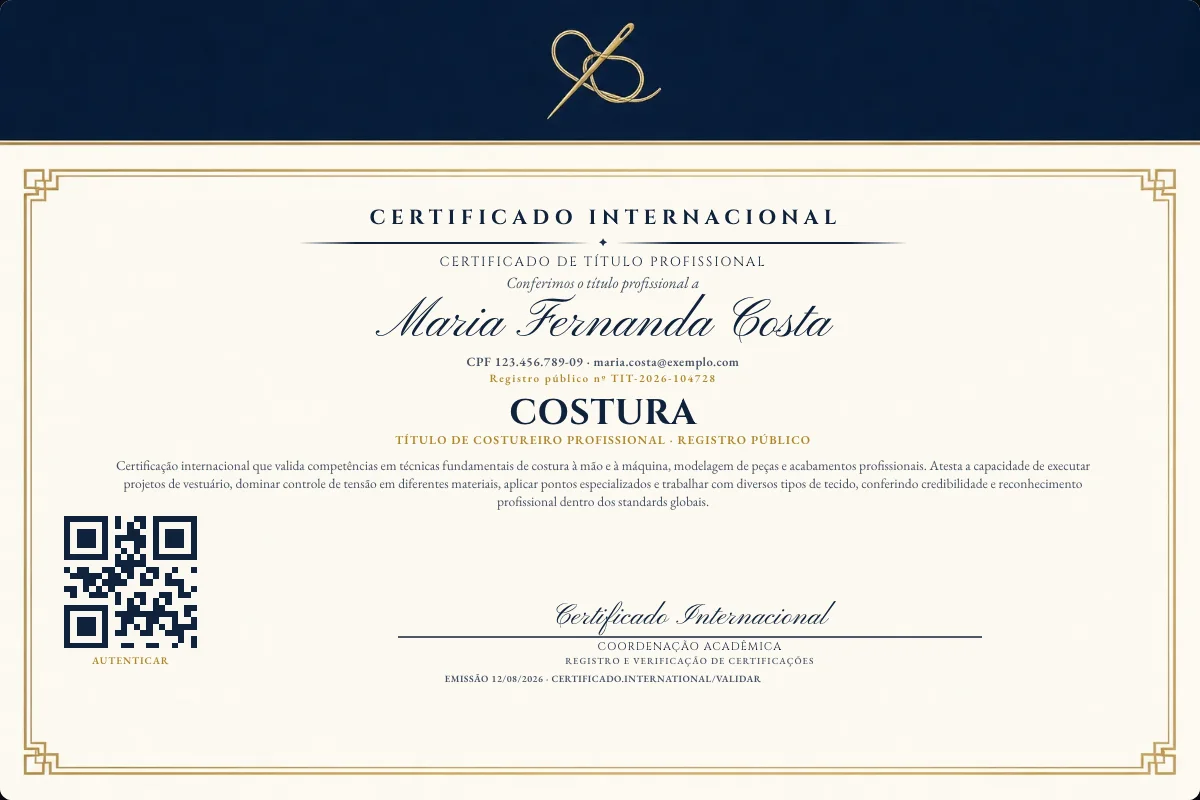 Certificado de Título profissional de Costura — modelo real com registro público. Documento de exemplo.
