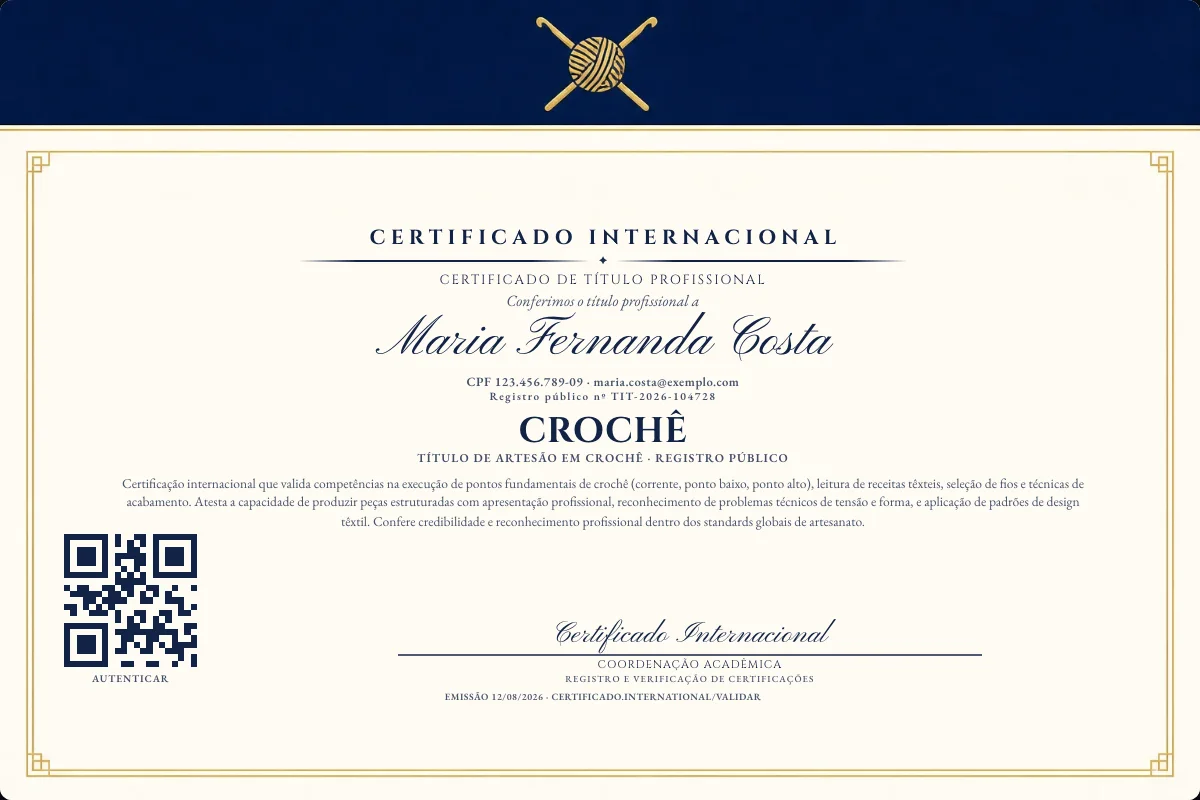 Certificado de Título profissional de Crochê — modelo real com registro público. Documento de exemplo.