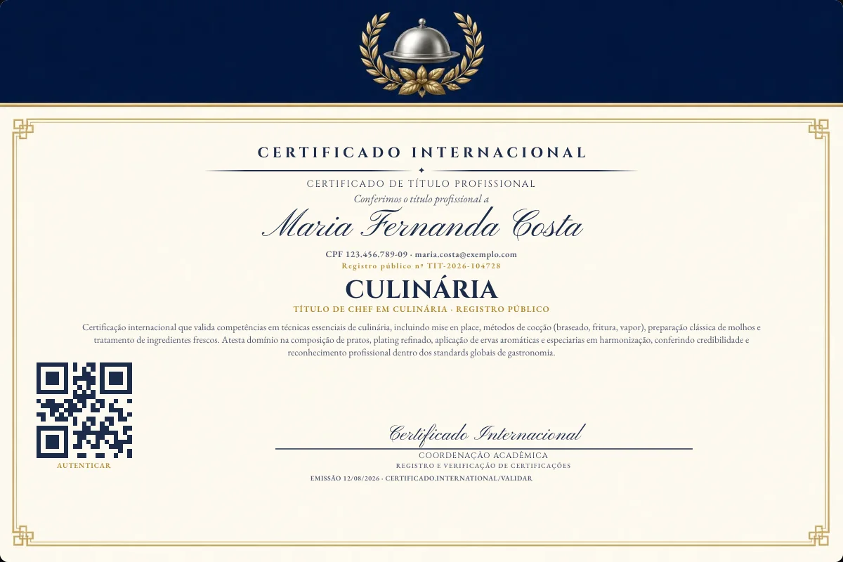 Certificado de Título profissional de Culinária — modelo real com registro público. Documento de exemplo.