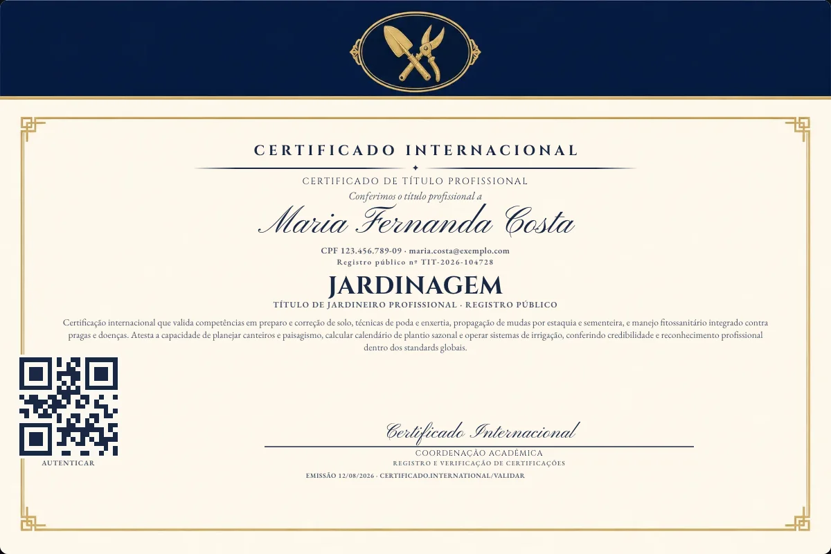 Certificado de Título profissional de Jardinagem — modelo real com registro público. Documento de exemplo.