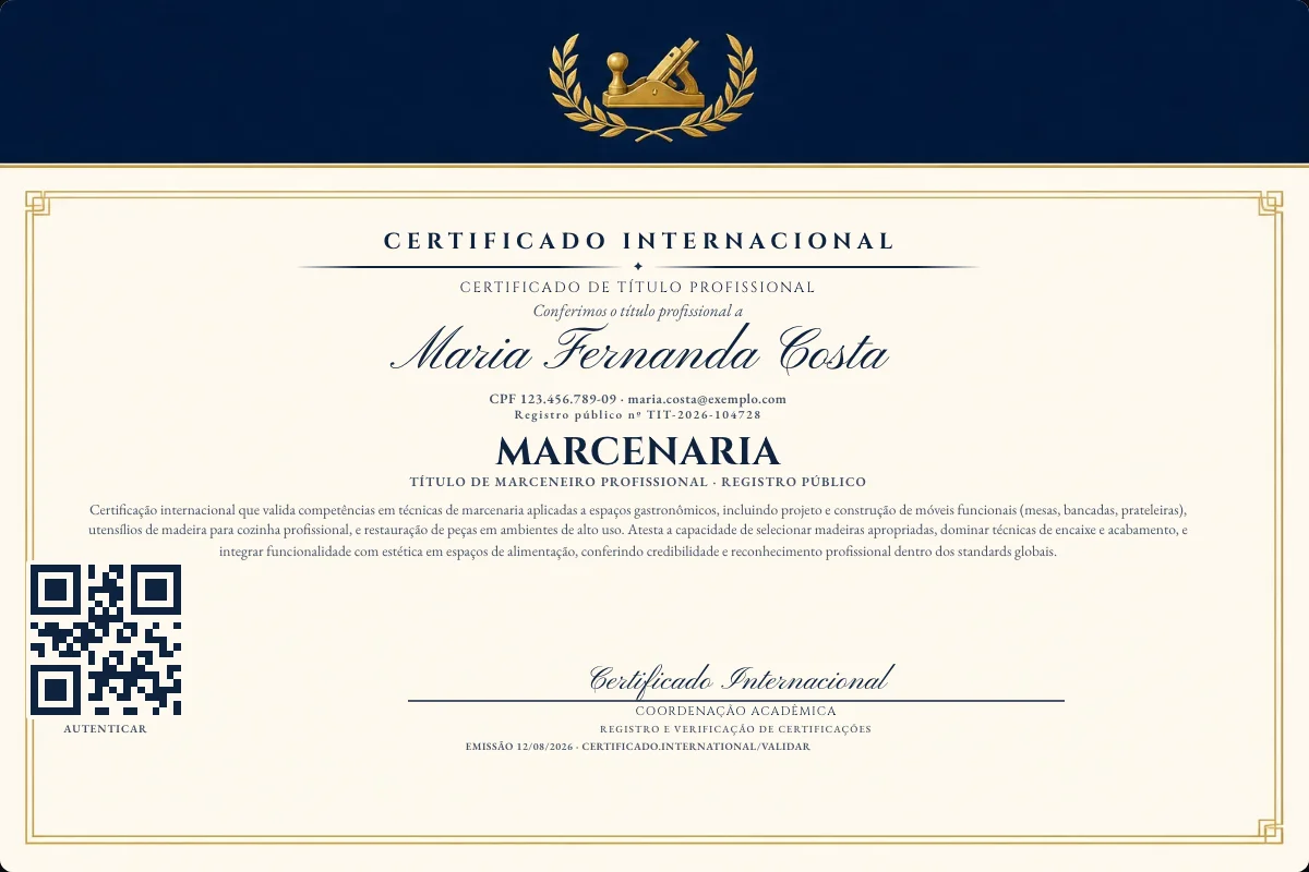 Certificado de Título profissional de Marcenaria — modelo real com registro público. Documento de exemplo.