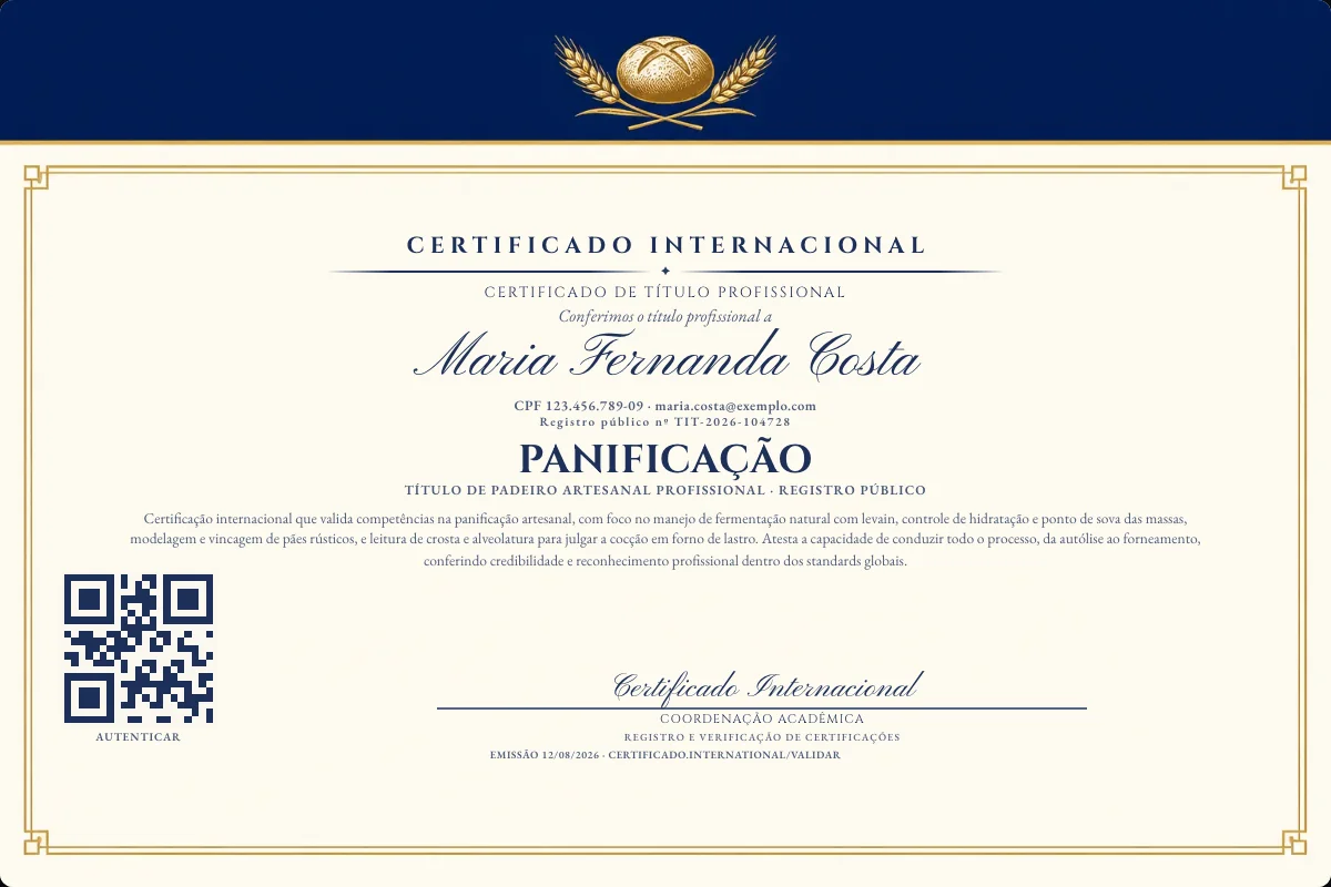 Certificado de Título profissional de Panificação — modelo real com registro público. Documento de exemplo.