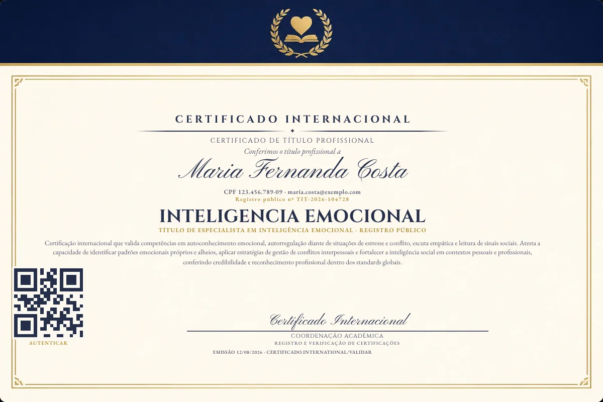 Certificado de Título profissional de Inteligencia Emocional — modelo real com registro público. Documento de exemplo.