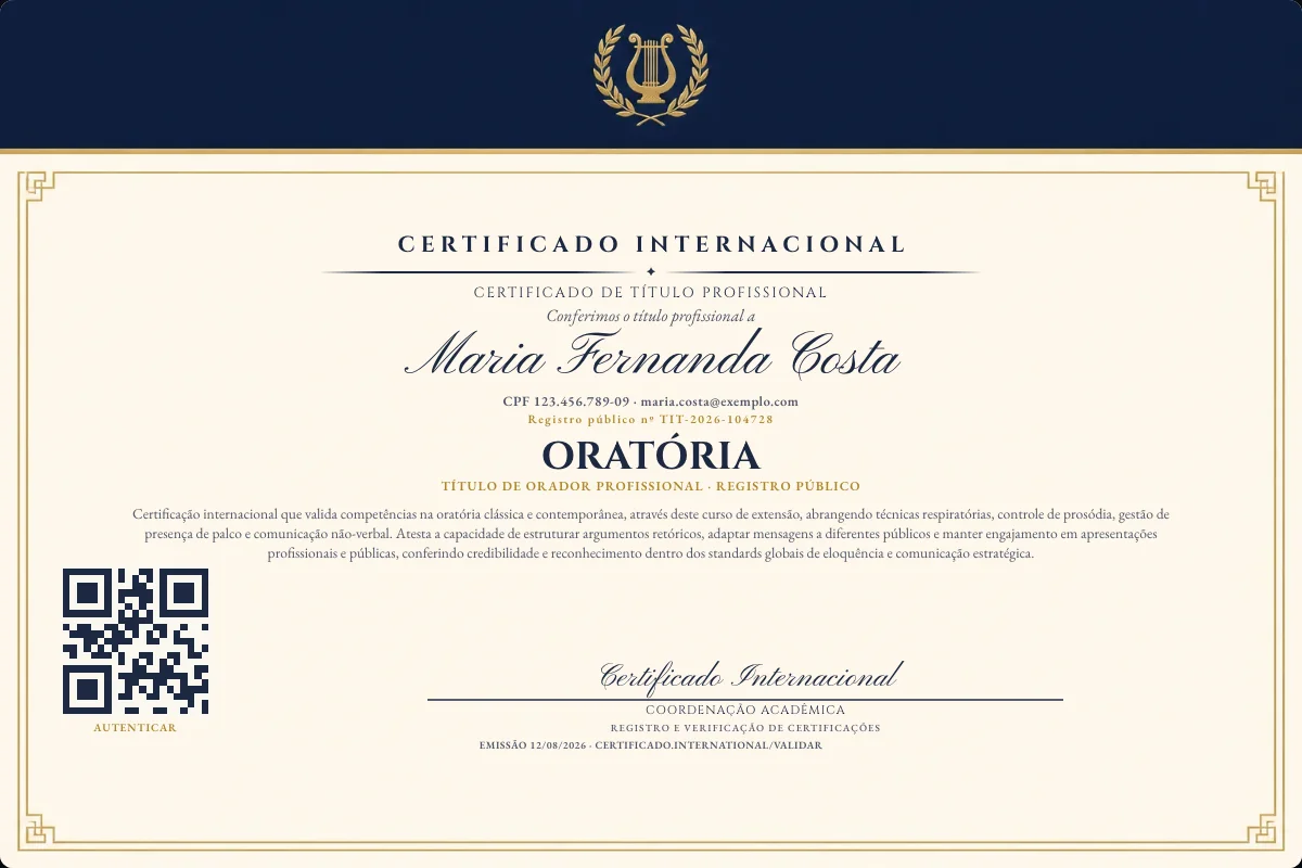 Certificado de Título profissional de Oratória — modelo real com registro público. Documento de exemplo.