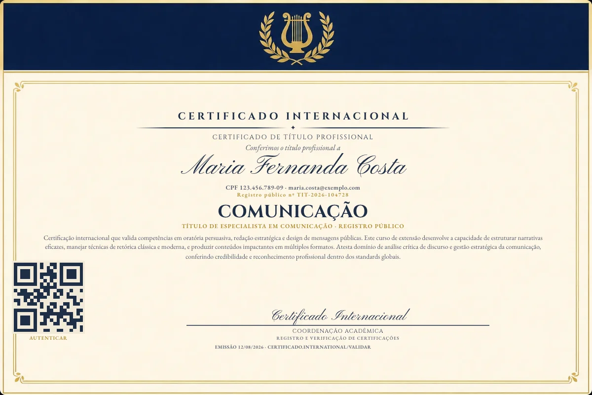 Certificado de Título profissional de Comunicação — modelo real com registro público. Documento de exemplo.