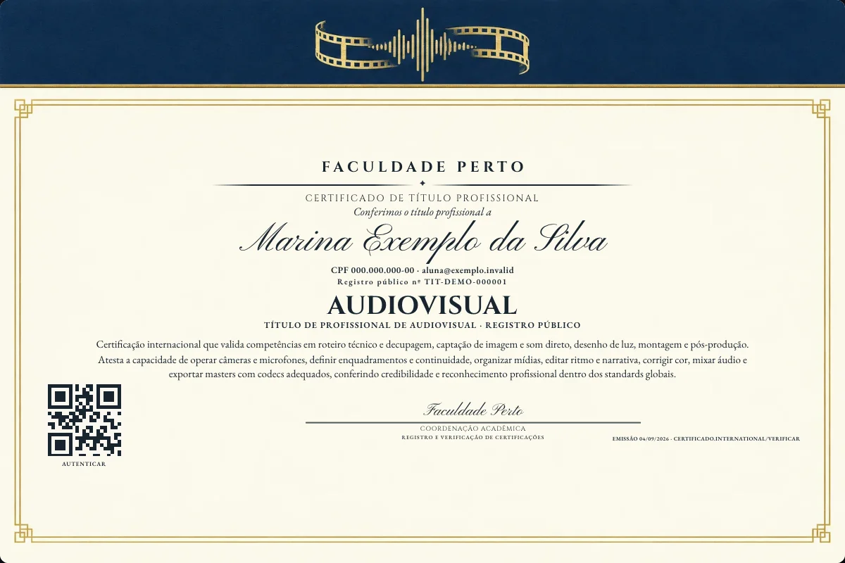 Certificado de Título profissional de Audiovisual — modelo real com registro público. Documento de exemplo.