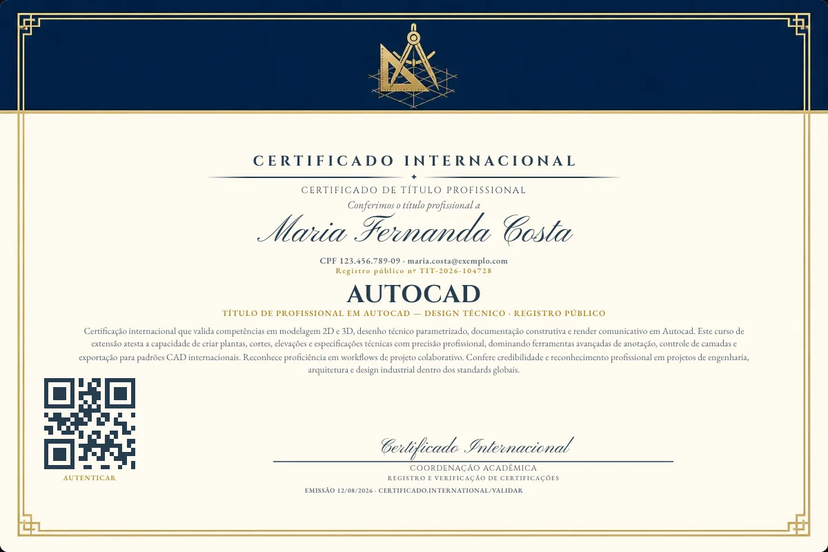 Certificado de Título profissional de Autocad — modelo real com registro público. Documento de exemplo.