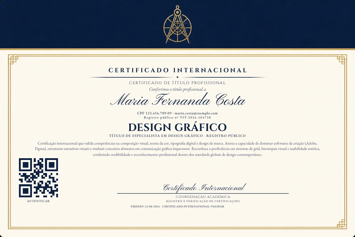 Certificado de Título profissional de Design Gráfico — modelo real com registro público. Documento de exemplo.