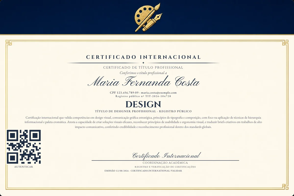 Certificado de Título profissional de Design — modelo real com registro público. Documento de exemplo.