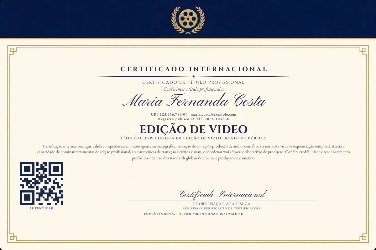 Certificado de Título profissional de Edição de Video — modelo real com registro público. Documento de exemplo.