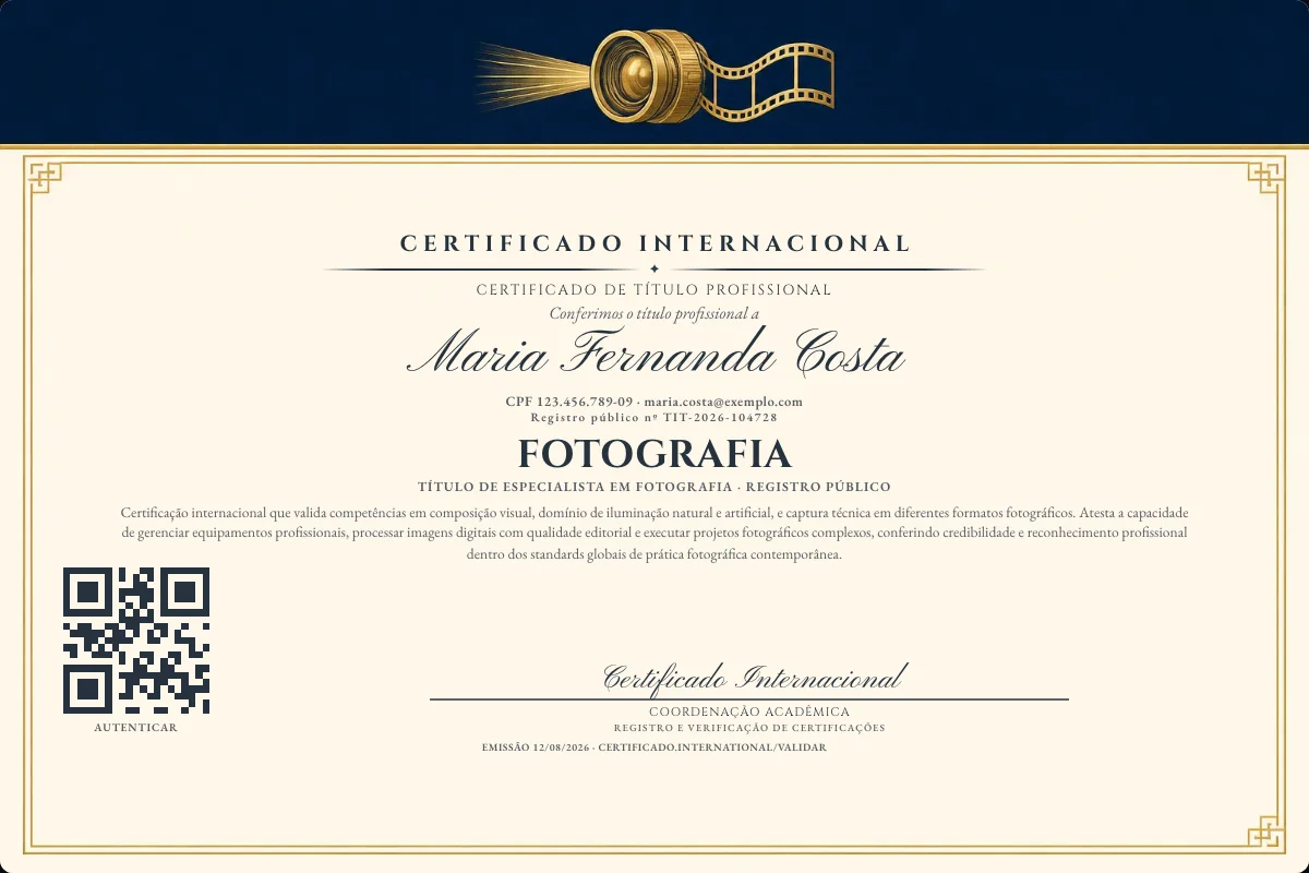 Certificado de Título profissional de Fotografia — modelo real com registro público. Documento de exemplo.