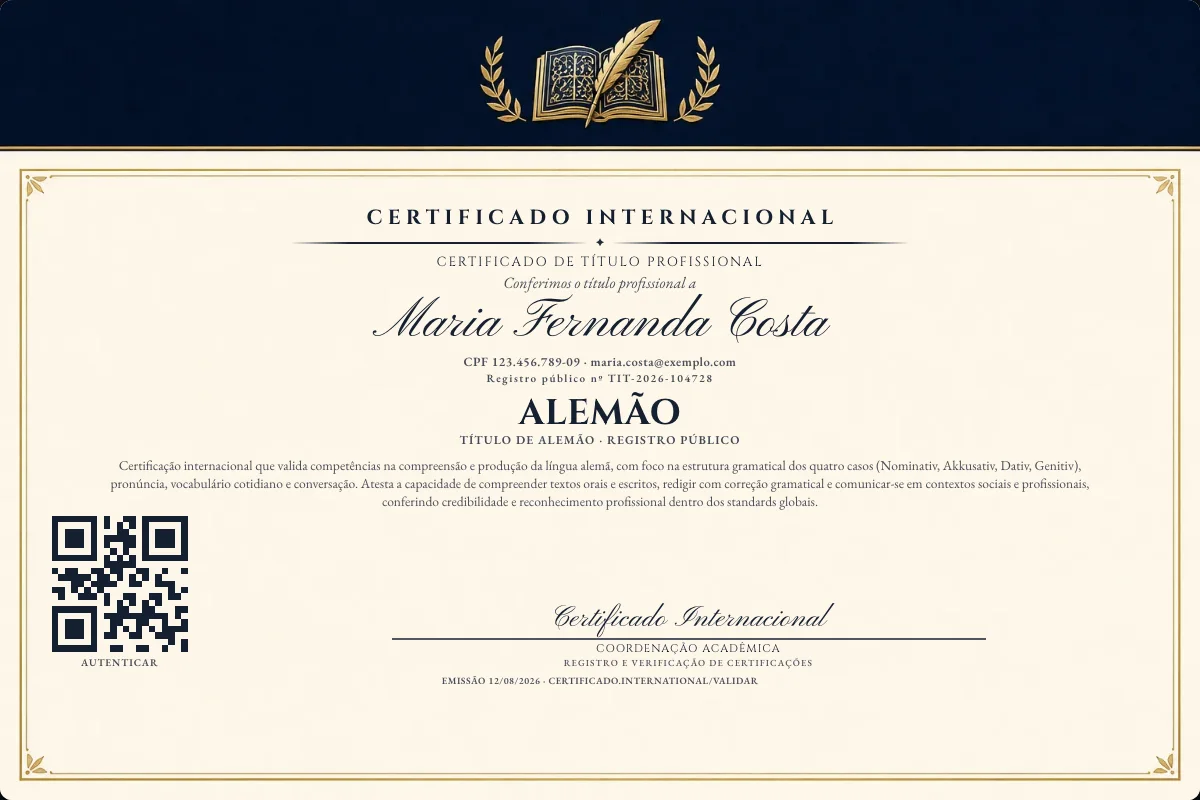 Certificado de Título profissional de Alemão — modelo real com registro público. Documento de exemplo.