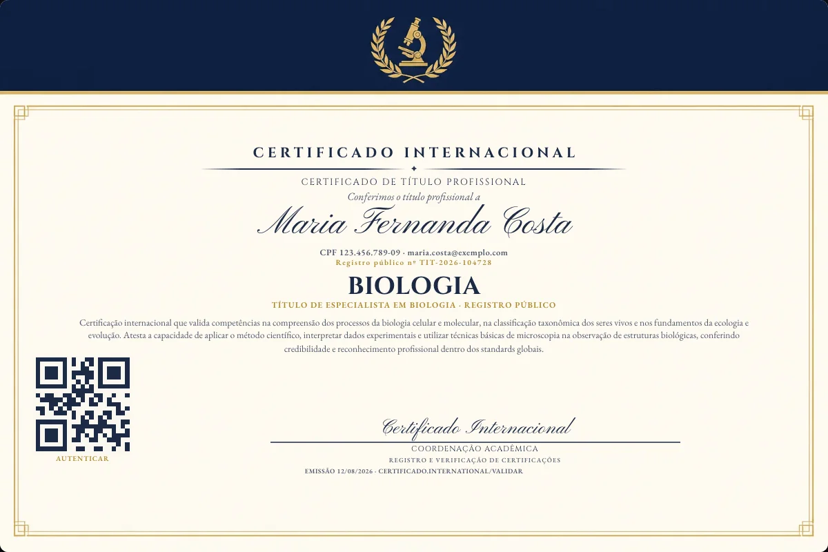 Certificado de Título profissional de Biologia — modelo real com registro público. Documento de exemplo.