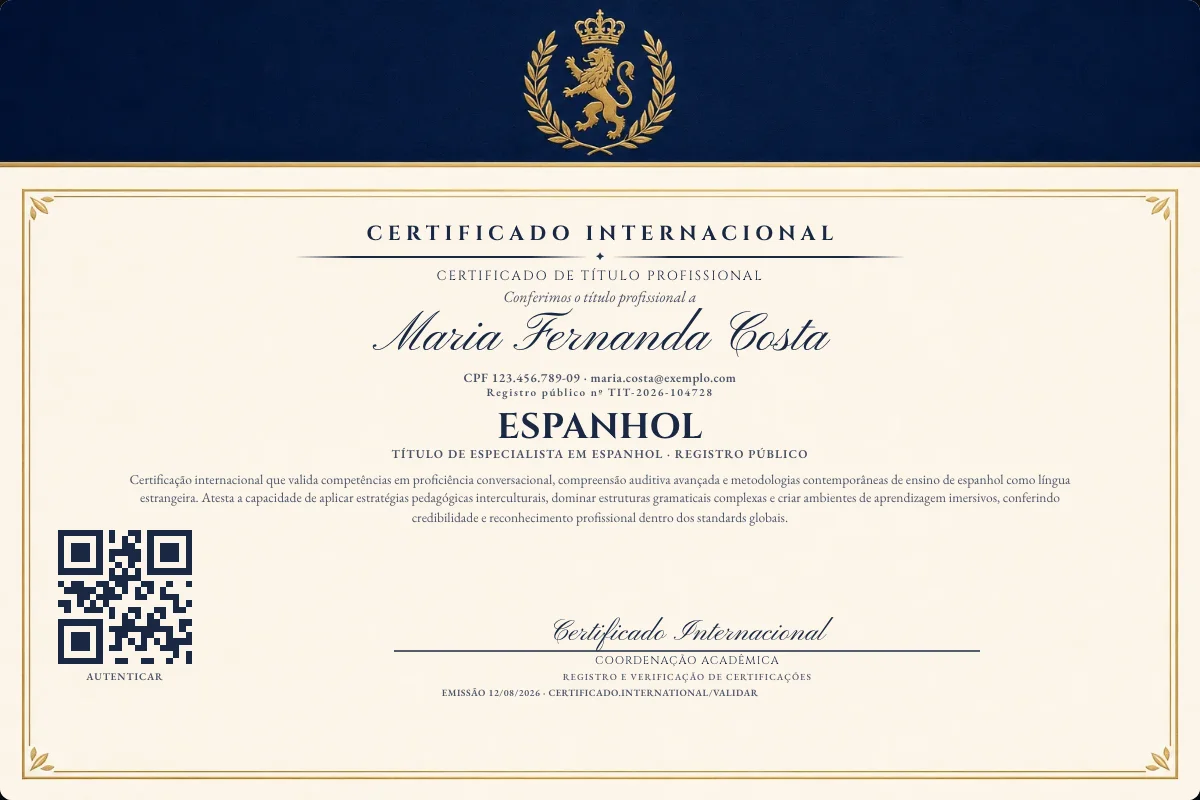 Certificado de Título profissional de Espanhol — modelo real com registro público. Documento de exemplo.