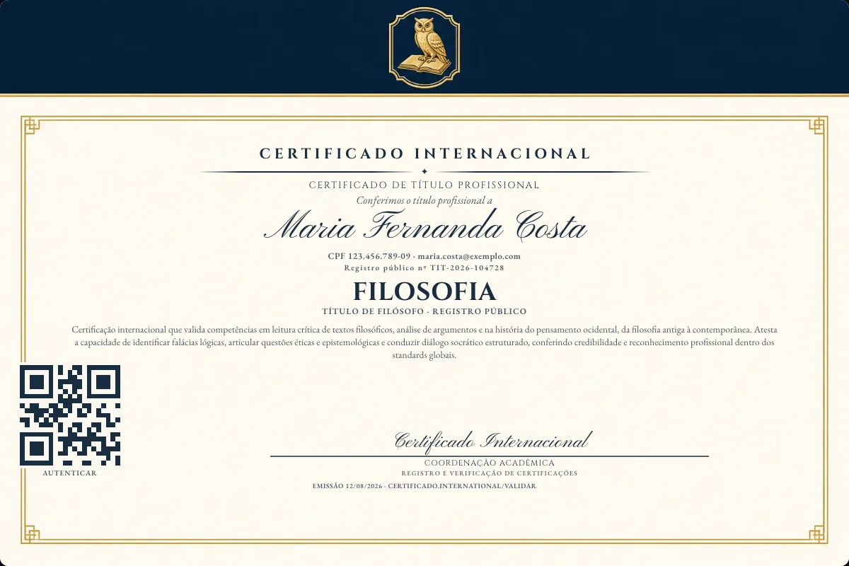 Certificado de Título profissional de Filosofia — modelo real com registro público. Documento de exemplo.