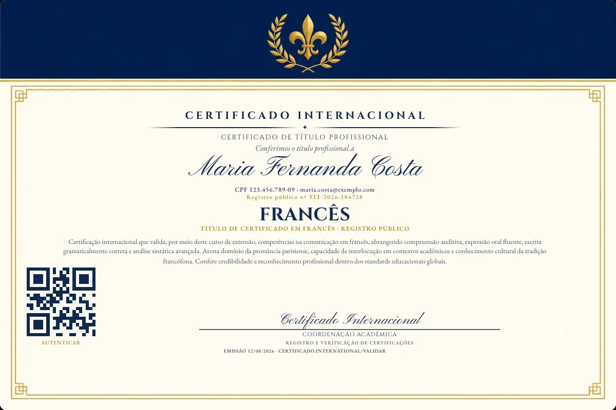 Certificado de Título profissional de Francês — modelo real com registro público. Documento de exemplo.
