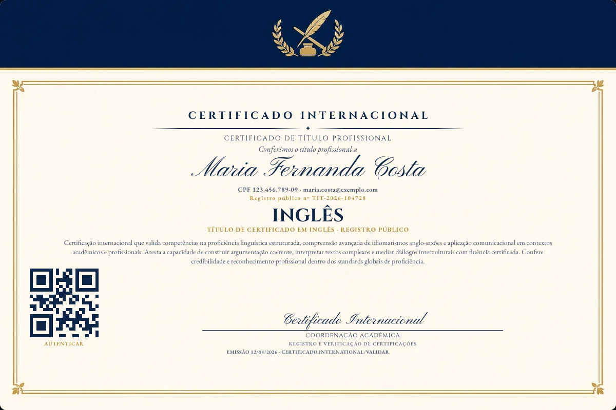 Certificado de Título profissional de Inglês — modelo real com registro público. Documento de exemplo.